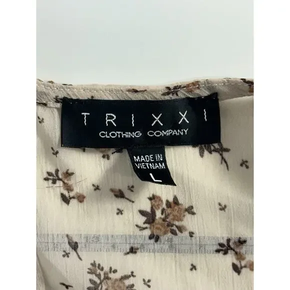 Trixxi Boho Floral Ruffle Mini Dress Beige Sheer Puff Sleeve Women’s Large - Picture 7 of 13